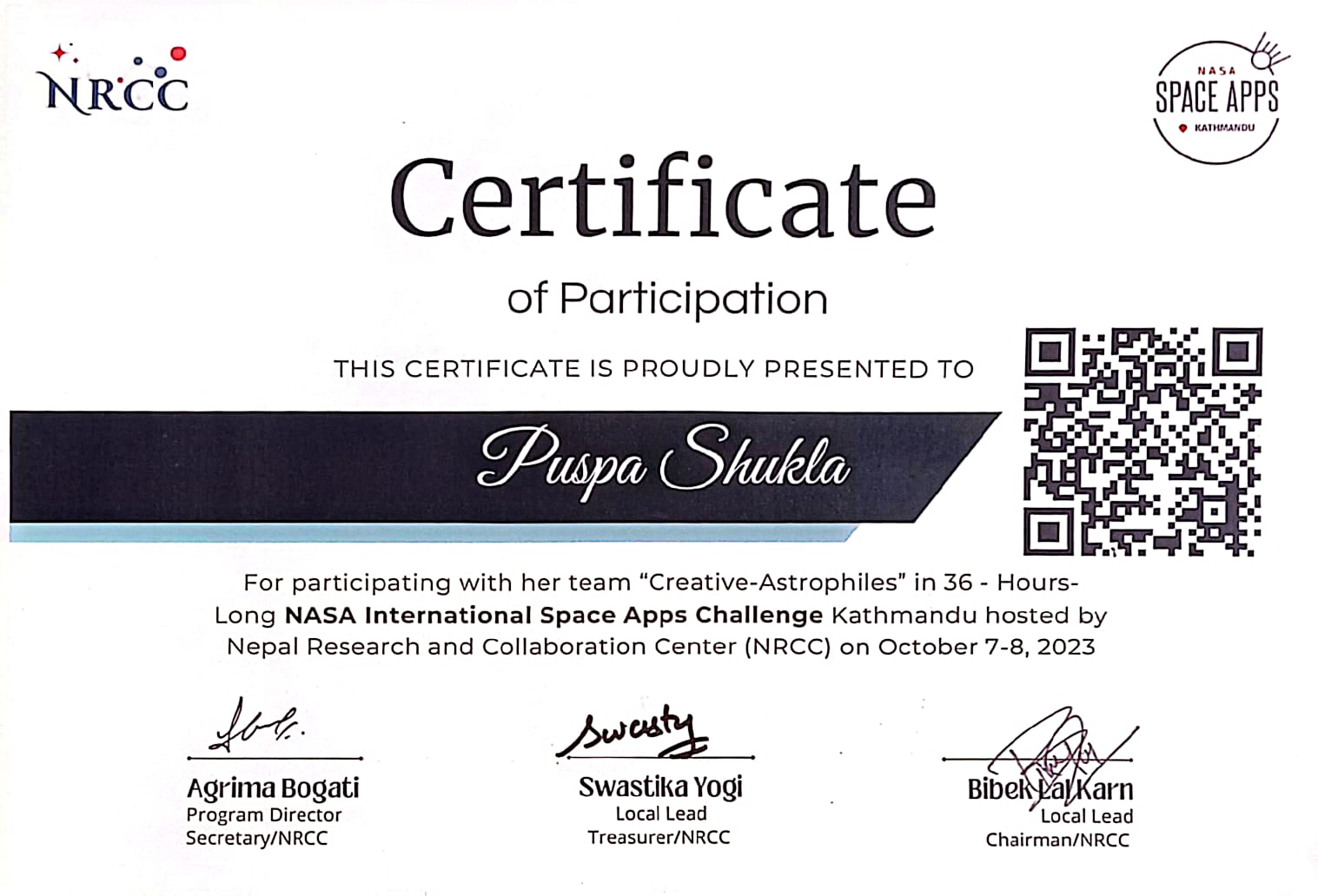 NASA Space Apps Kathmandu Certificate of Participation awarded to Puspa Shukla